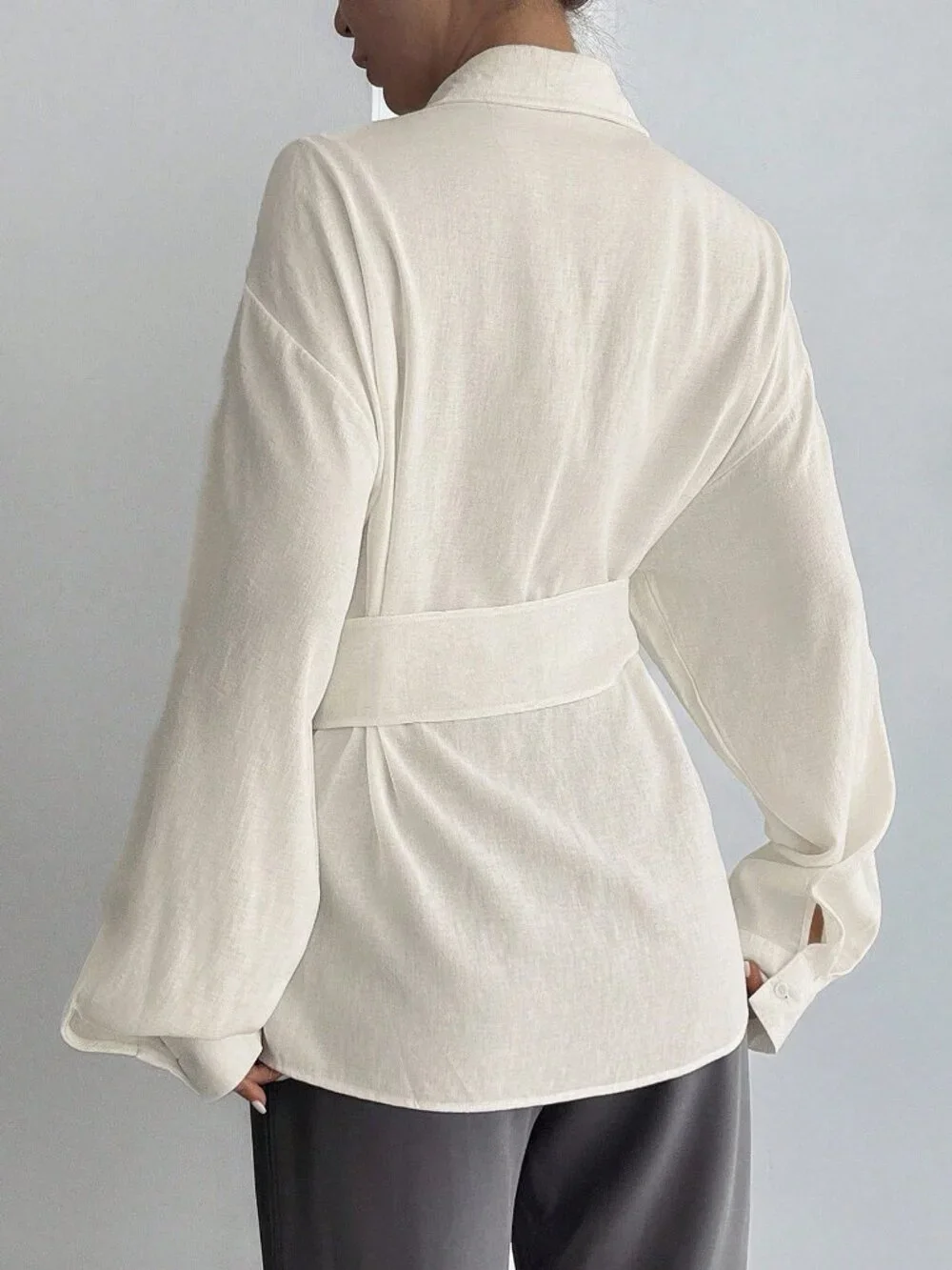 White Casual Women's Half-Placket Side Tie Long Sleeve Top